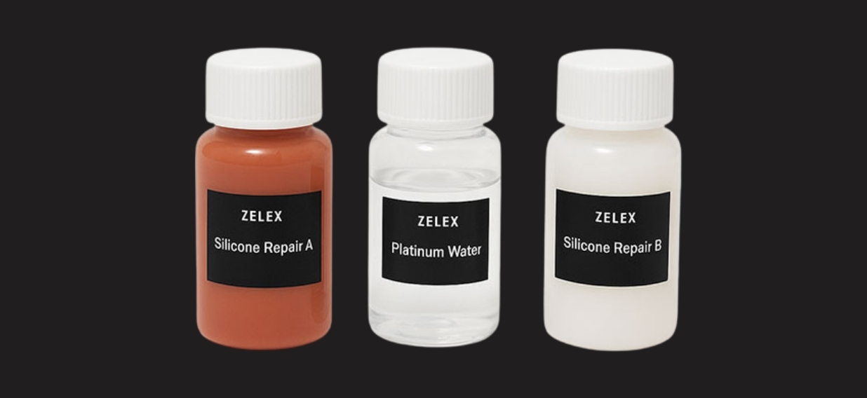 Three bottles with white caps labeled Zelex: Silicone Repair A, Platinum Water, and Silicone Repair B on a dark background.