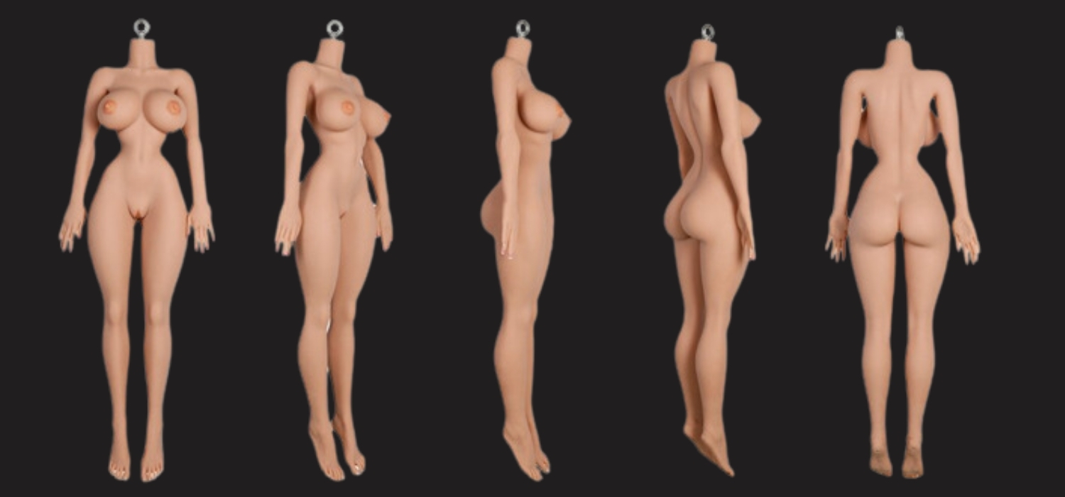 Five nude female mannequins shown in a row from front, side, and back against a dark background.