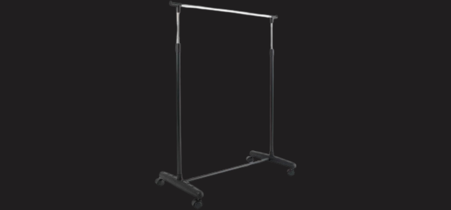 Portable black metal clothing rack on wheels with an upper crossbar for hanging garments.